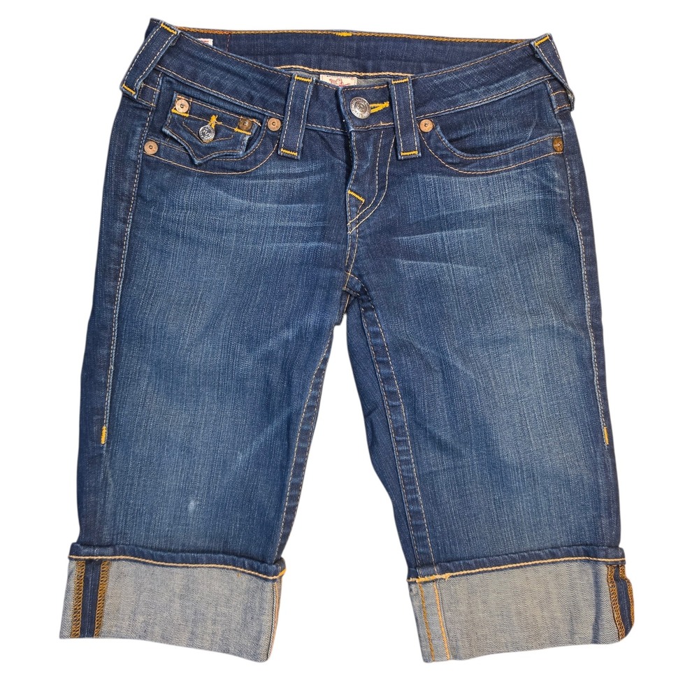 True Religion Sophie Low Rise Bermuda Denim Shorts Dark Wash Blue Size 26 USA